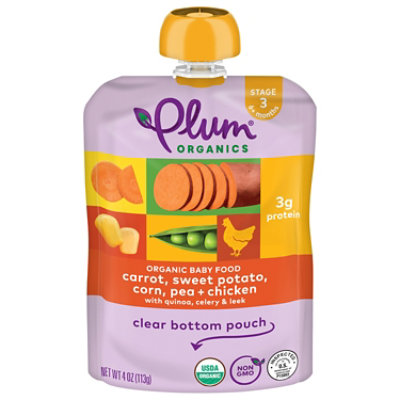 Plum Organics Organic Baby Food 3 (6 Months & Up) Carrot Sweet Potato Corn Pea & Chicken - 4 Oz