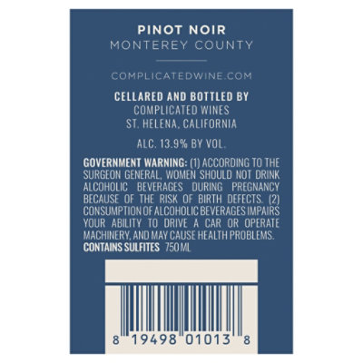 Complicated Pinot Noir Red Wine Bottle - 750 Ml - Image 2