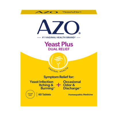 AZO Yeast Plus Dual Relief Tablets, Eases Itching, Burning, Odor & Discomfort from Yeast Infections, FSA/HSA Eligible, 60 Count