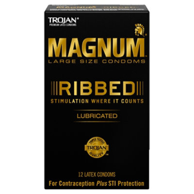 Trojan Magnum Ribbed Large Size Lubricated Condoms - 12 Count - Image 1