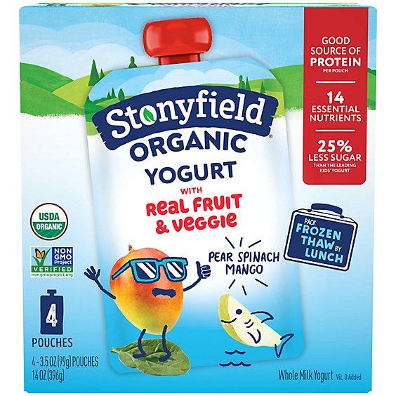 Stonyfield Organic Kids Pear Spinach Mango Whole Milk Yogurt Pouches - 4-3.5 Oz