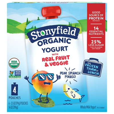 Stonyfield Organic Kids Pear Spinach Mango Whole Milk Yogurt Pouches - 4-3.5 Oz