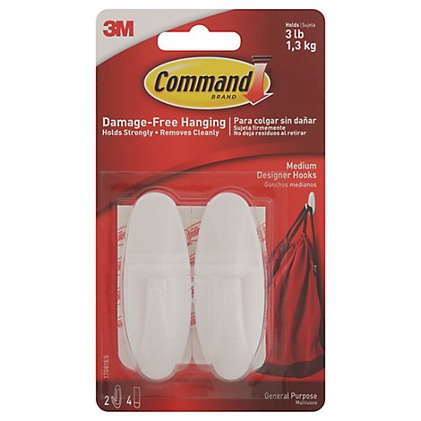 3M Command Medium White Designer Hooks - 2 Count