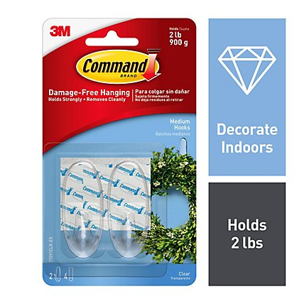 3M Command Hook 2 Clear Hooks With 4 Clear Strips Medium - Each - Image 1