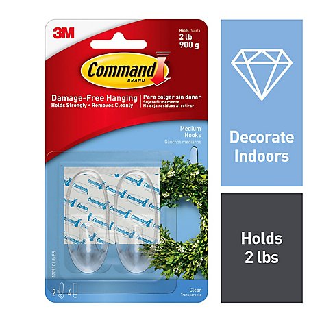 3M Command Hook 2 Clear Hooks With 4 Clear Strips Medium - Each