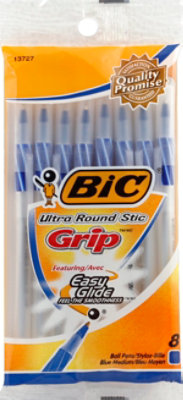 Bic Ball Pens Ultra Round Stic Grip Medium 1.2 mm Blue Ink - 8 Count