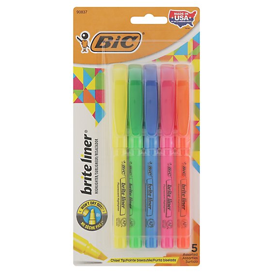 Bic Highlighters Brite Liner Fluorescent Assorted - 5 Count