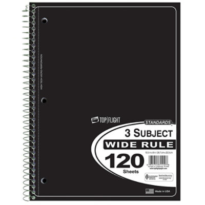 Top Flight Standards Notebook 3 Subject Wide Ruled 120 Sheets - Each - Image 1