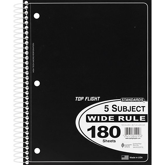 Top Flight Notebook 5 Subject Wide Rule Standards 180 Sheets - Each