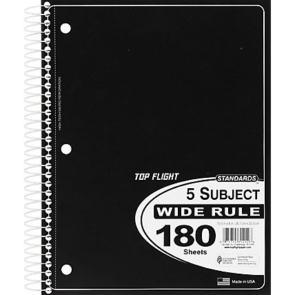 Top Flight Notebook 5 Subject Wide Rule Standards 180 Sheets - Each - Image 1