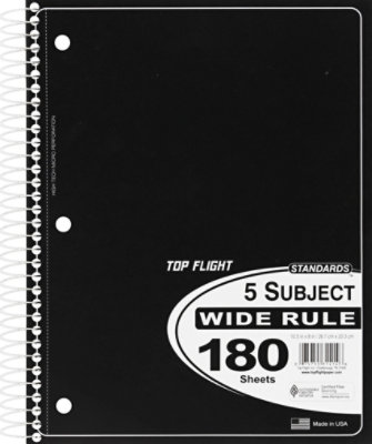 Top Flight Notebook 5 Subject Wide Rule Standards 180 Sheets - Each