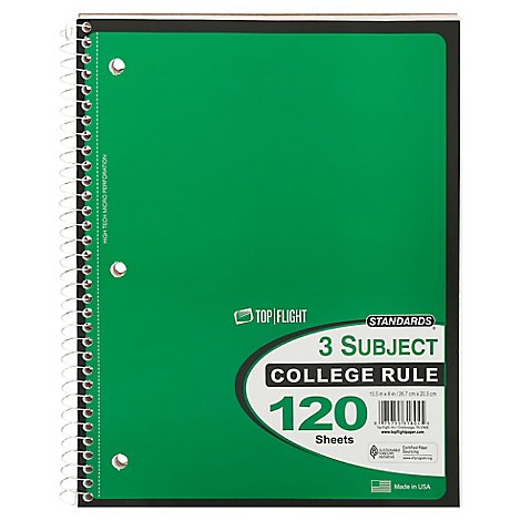Top Flight Standards Notebook 3 Subject College Rule 120 Sheets - Each