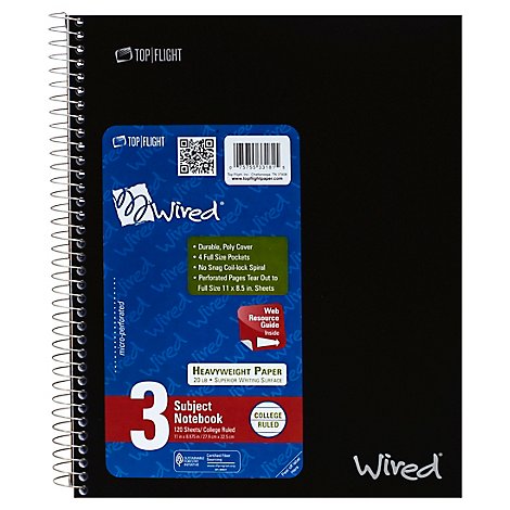 Top Flight Wired Notebook 3 Subject College Ruled 120 Sheets - Each