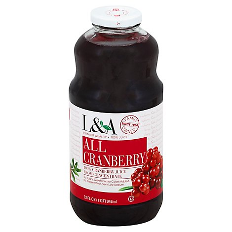 L & A Juice Pure No Sugar All Cranberry - 32 Fl. Oz.