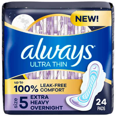 Always Ultra Thin Pads Size 5 Extra Heavy Overnight Absorbency Unscented with Wings - 24 Count - Image 1