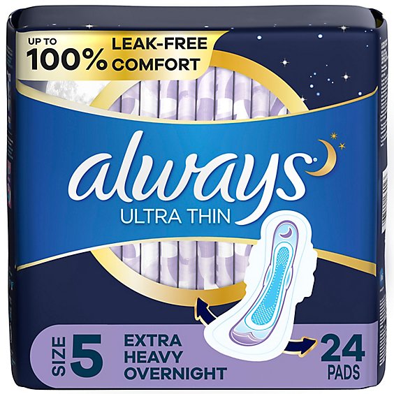 Always Ultra Thin Pads Size 5 Extra Heavy Overnight Absorbency Unscented with Wings - 24 Count