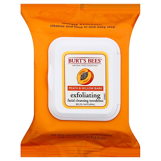 Burts Bees Facial Cleansing Towelettes Peach & Willow Bark Exfoliating - 25 Count