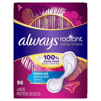 Always Radiant Regular Absorbency Unscented Up to 100% Odor Free Daily Liners - 96 Count
