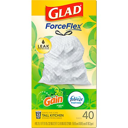 Glad Forceflex With Febreze Gain Tall Kitchen Drawstring Trash Bags 13 Gallon - 40 Count - Image 1