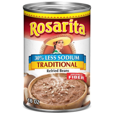 Rosarita Beans Refried Less Sodium Traditional Can - 16 Oz