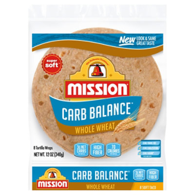Mission Carb Balance Tortillas Whole Wheat Super Soft Soft Taco Bag 8 Count - 12 Oz