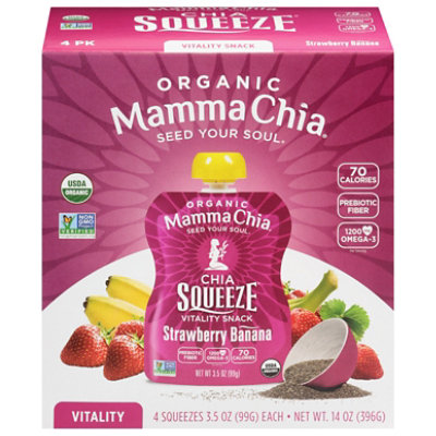 Mamma Chia Organic Vitality Snack Chia Squeeze Strawberry Banana Pack - 4-3.5 Oz