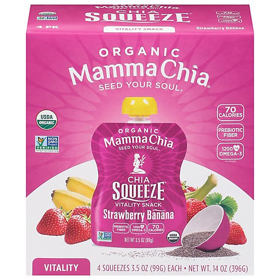 Mamma Chia Organic Vitality Snack Chia Squeeze Strawberry Banana Pack - 4-3.5 Oz