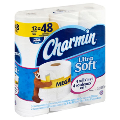 Charmin Bathroom Tissue Ultra Soft Mega Roll 308 2-Ply Sheets Wrapper - 12 Roll