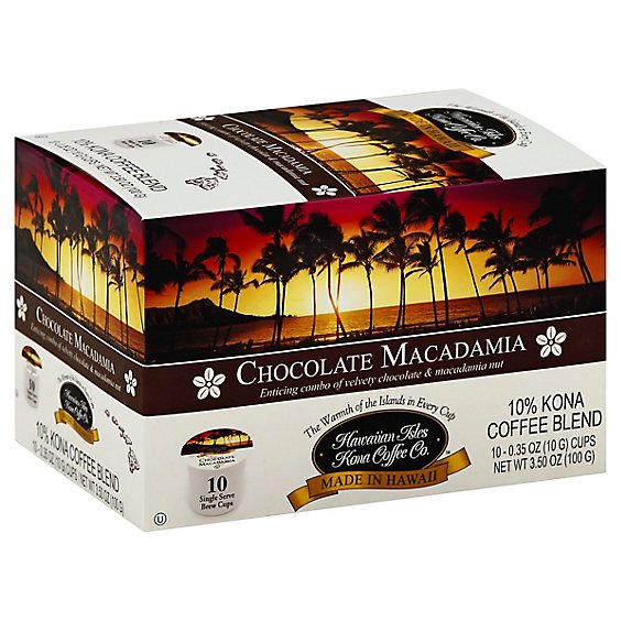 Hawaiian Isles Coffee 10% Kona Single Serve Brew Cups Chocolate Macadamia - 10-0.35 Oz