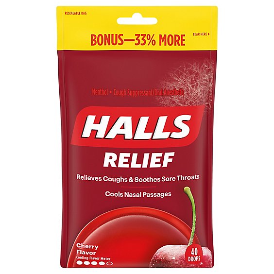 HALLS Cough Suppressant Drops Triple Soothing Action Cherry Bonus Pack - 40 Count