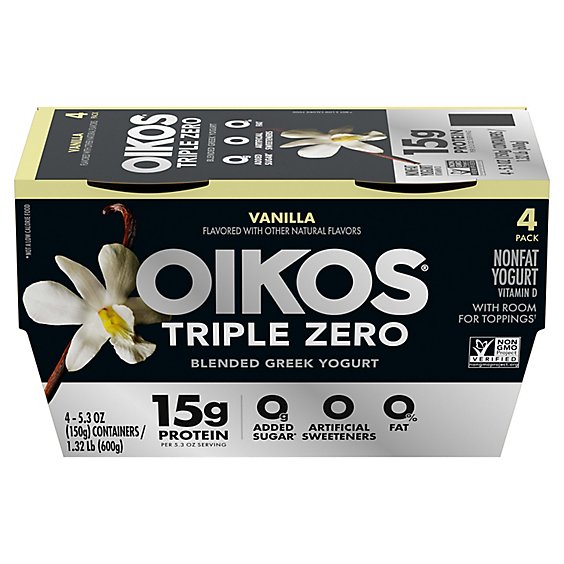 Oikos Triple Zero Greek Yogurt Blended Nonfat Vanilla Pack - 4-5.3 Oz