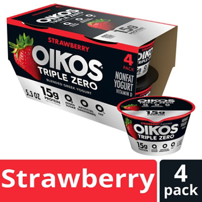 Oikos Triple Zero Strawberry High Protein Nonfat Greek Yogurt Cups - 4 - 5.3 Oz