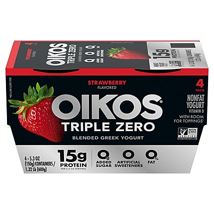 Oikos Triple Zero Greek Yogurt Blended Nonfat Strawberry - 4-5.3 Oz - Image 1