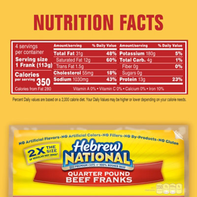 Hebrew National Quarter Pound Beef Franks Hot Dogs -4-16 Oz - Image 4