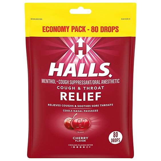 HALLS Cough Suppressant Drops Triple Soothing Action Cherry - 80 Count