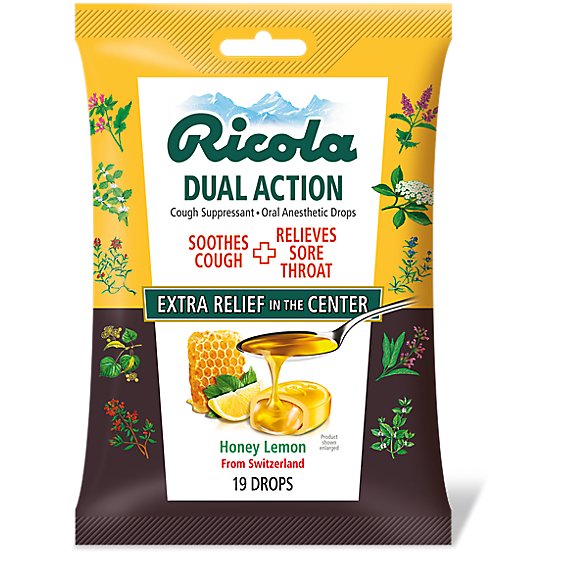 Ricola Dual Action Cough Suppressant Oral Anesthetic Drops Honey Lemon - 19 Count