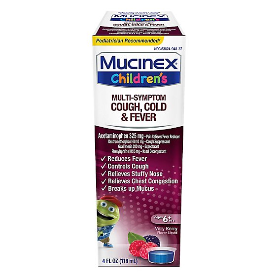 Mucinex Childrens Cold Cough and Fever Medicine Multi Symptom Liquid Very Berry - 4 Fl. Oz.