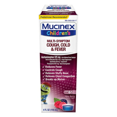 Mucinex Childrens Cold Cough and Fever Medicine Multi Symptom Liquid Very Berry - 4 Fl. Oz.