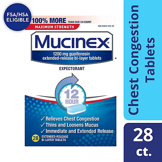 Mucinex Expectorant Chest Congestion 12 Hour Relief Maximum Strength Tablets - 28 Count