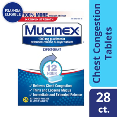 Mucinex Expectorant Chest Congestion 12 Hour Relief Maximum Strength Tablets - 28 Count