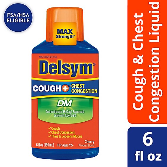 Delsym Cough + Chest Congestion Medicine DM Max Strength Cherry Flavored - 6 Fl. Oz.