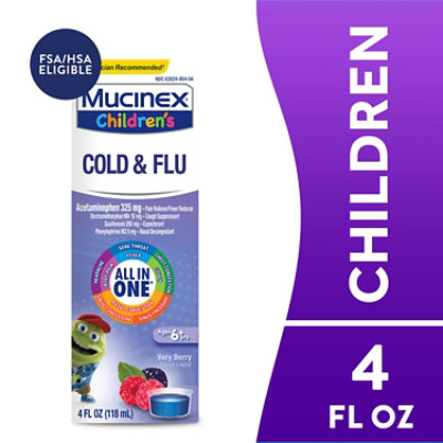 Mucinex Childrens Cold Cough & Sore Throat Medicine Multi Symptom Liquid Mixed Berry - 4 Fl. Oz. - Image 1