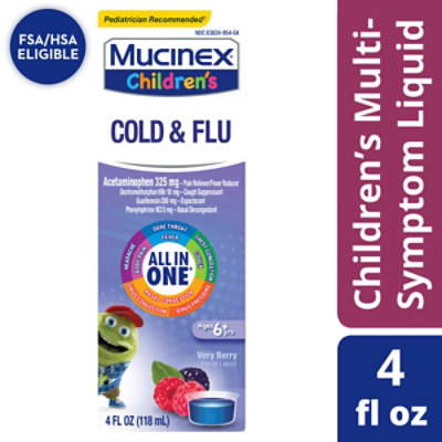 Mucinex Childrens Cold Cough & Sore Throat Medicine Multi Symptom Liquid Mixed Berry - 4 Fl. Oz.