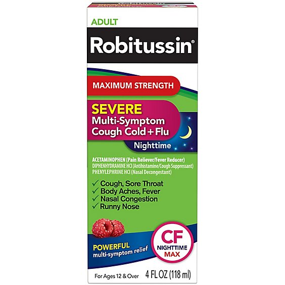 Robitussin Max Strength Severe Multi-Symptom Cough Cold + Flu CF Max Raspberry Mint - 4 Fl. Oz.
