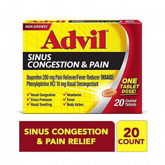 Advil Ibuprofen Tablets 200mg Sinus Congestion & Pain Non-Drowsy Coated - 20 Count