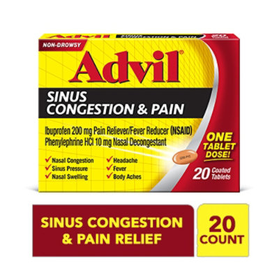 Advil Ibuprofen Tablets 200mg Sinus Congestion & Pain Non-Drowsy Coated - 20 Count - Image 1