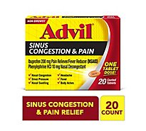 Advil Ibuprofen Tablets 200mg Sinus Congestion & Pain Non-Drowsy Coated - 20 Count