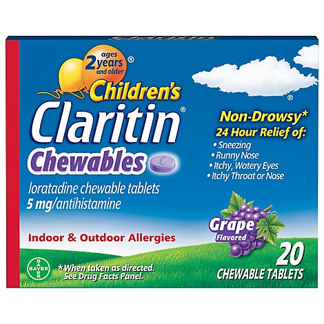 Claritin Childrens Antihistamine Tablets Indoor & Outdoor Allergies 5mg Grape - 20 Count
