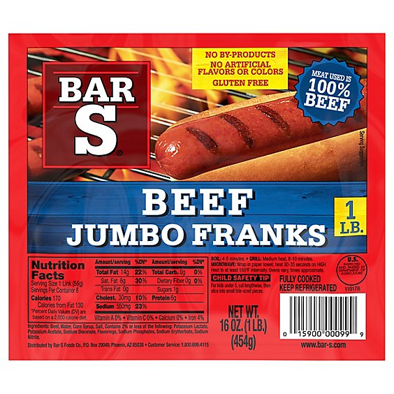 Bar-S Franks Premium Beef Jumbo - 16 Oz