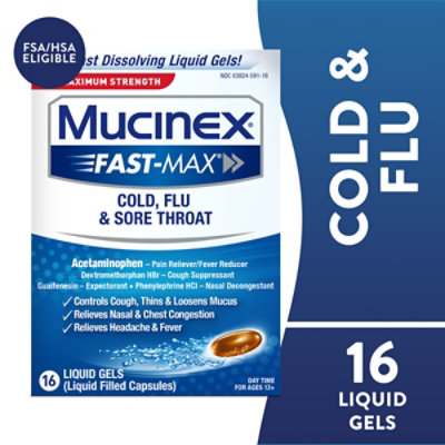 Mucinex Fast-Max Cold Flu & Sore Throat Medicine Maximim Strength Liquid Gels - 16 Count - Image 1